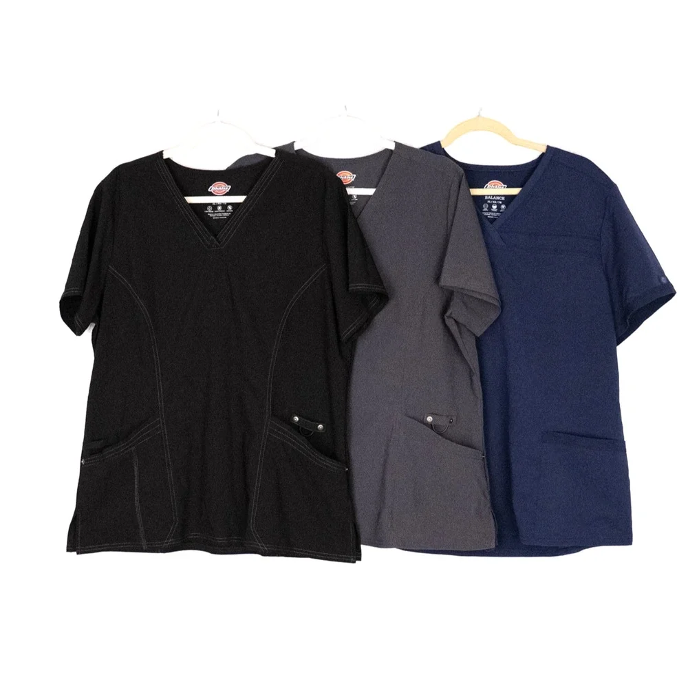Dickies Women's Scrub Tops Shirts (Set of 3) XL Black Gray Blue Stretch Fabric - Picture 1 of 5